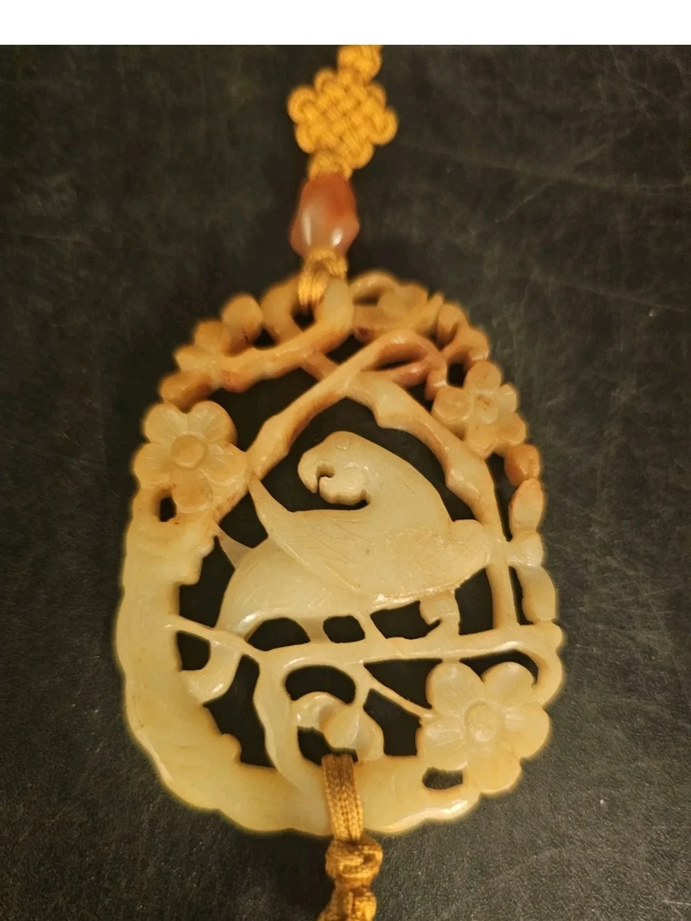 Carved Jade Pendant Necklace with Gold Tassel - Yellow-Russet